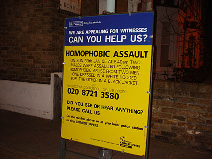 Yellow police incident board, Homophobic attack Kellet Road, SW2 Brixton, Lambeth, London SW9