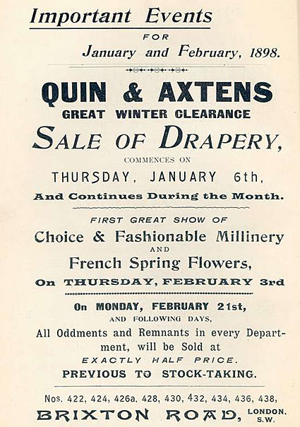 Quin & Axtens, 422-438 Brixton Road, London SW9. Historical photos and posters, Brixton, London SW9 8PY, 1897-2008