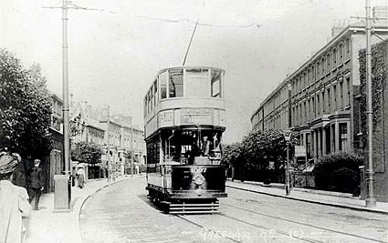 Tram by junction of Brixton Road and Stockwell Road, London March, 1952