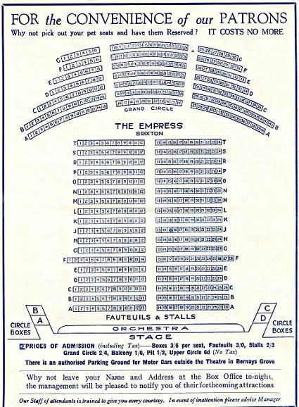 Seating Plan for the Empress Theatre, Brixton, September 1930.