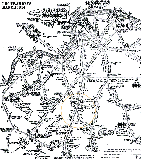 Map of trams, central London, Brixton and south London