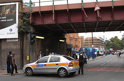 Lorry hits bridge at junction of Coldharbour Lane and Atlantic Road, 7th September, Brixton, Lambeth, London SW9