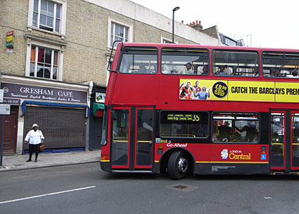 Number 35 Bus takes a wrong tune down Coldharbour Lane by Gresham Road, Sept 2007, Brixton, Lambeth, London SW9