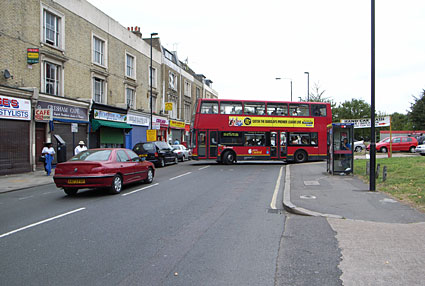 Number 35 Bus takes a wrong tune down Coldharbour Lane by Gresham Road, Sept 2007, Brixton, Lambeth, London SW9