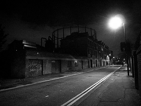 Photos of late night gasometers, Andrews Road, Hackney, London E8, November 2009