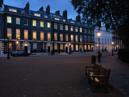 Bedford Square, Bloomsbury, London, WC1, photos of the Georgian square taken at dusk