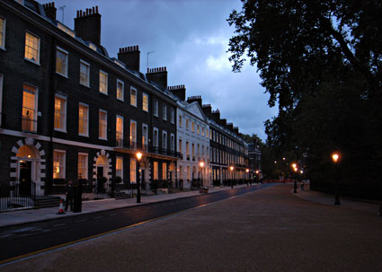 Bedford Square, Bloomsbury, London, WC1, photos of the Georgian square taken at dusk