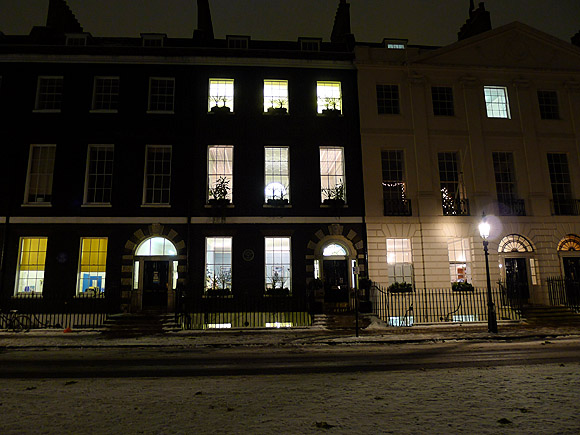 Photos of the beautifully preserved Georgian town square of Bedford Square, Bloomsbury, London in the snow, December 2010.