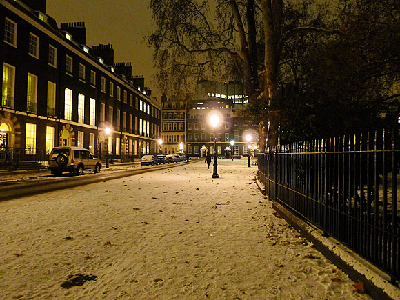 Photos of the beautifully preserved Georgian town square of Bedford Square, Bloomsbury, London in the snow, December 2010.