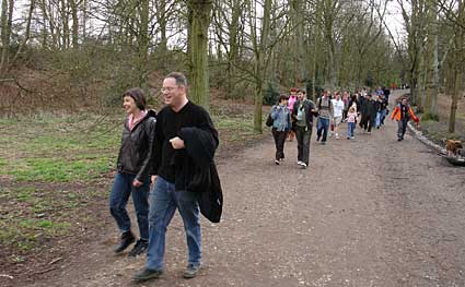 On the march! Walking through Hampstead Heath, north London, England