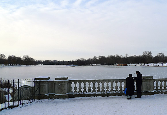 Hyde Park snow scenes - frozen Serpentine lake, snow covered park and other winter photographs, central London 9th January 2010