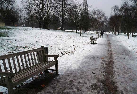 Hyde Park snow scenes - frozen Serpentine lake, snow covered park and other winter photographs, central London 9th January 2010