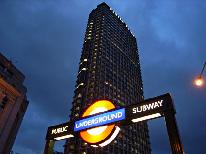 Centrepoint and Tottenham Court Road tube station sign, London