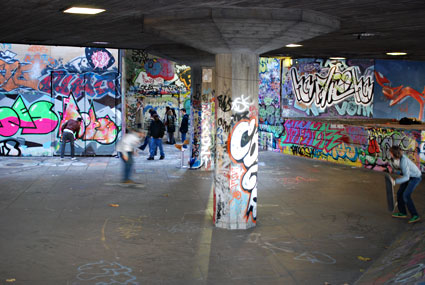 Skateboarders underneath Queen Elizabeth Hall on London's South Bank