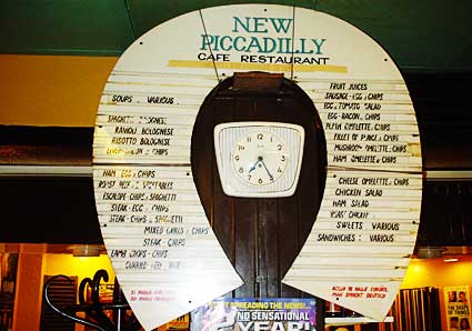 Menu and clock, New Piccadilly café, Denman Street, Piccadilly, London
