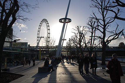 Royal Festival Hall with the Millennium Wheel (the 'London Eye') in the distance.