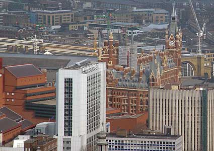 St Pancras station and the Midland Grand hotel seen from the top of the BT Telecom Tower 