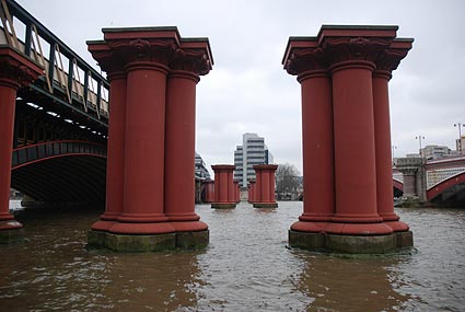 The remains of the old LB&SCR railway bridge at Blackfriars Bridge, Thames side walk, London, February 2007