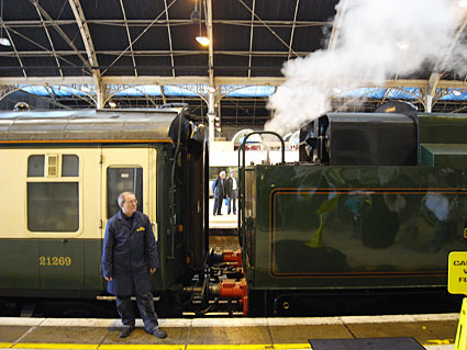 Merchant Navy Class steam locomotive, No. 35028 Clan Line at Victoria station, London, 30th June 2007
