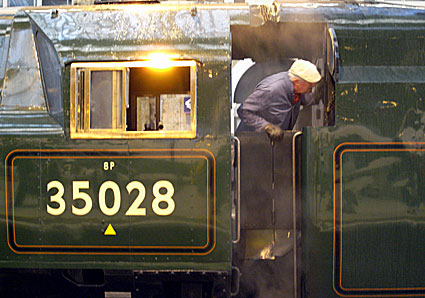 Merchant Navy Class steam locomotive, No. 35028 Clan Line at Victoria station, London, 30th June 2007