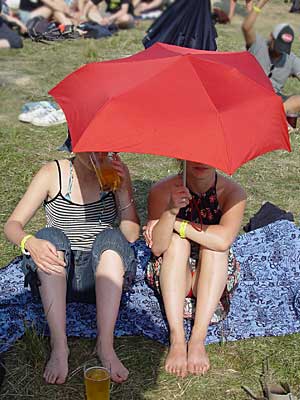 Umbrella, legs and beer, Big Chill festival, Eastnor Castle 2004, England UK