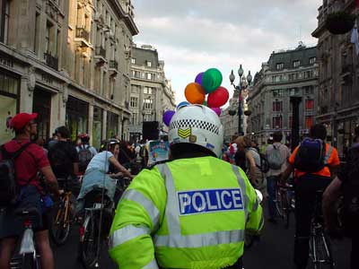 Balloons and police, Regent Street, Critical Mass, London 31st May 2002