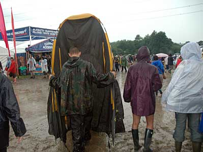 Tent on the move, Glastonbury Festival, Pilton, Somerset, England June 2005