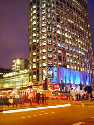 Centrepoint at night, Tottenham Court Road and New Oxford Street, London W1