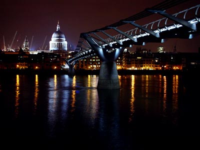 Millennium Bridge at night, looking at St Pauls from the south bank, London 2003