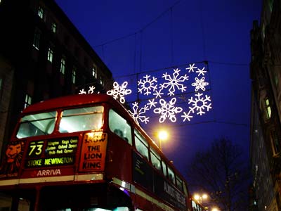 Christmas lights and bus, Oxford Street, London