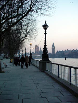 Southbank walk with Parliament and lights, London, 2003