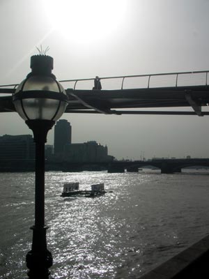 Misty London, Millennium Bridge from the north bank of the Thames, London