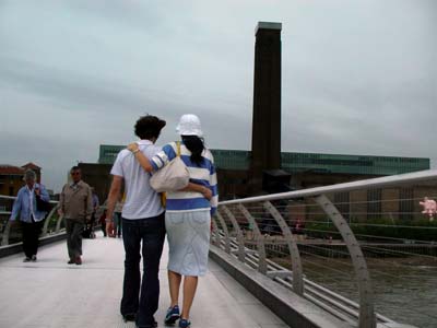 Couple walking over the Millennium Bridge London