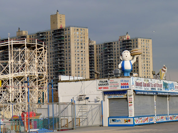 Coney Island and Brighton beach, southern Brooklyn, New York, United States with photos of the boardwalks, amusement park, pier, funfair rides, shopfronts and beach