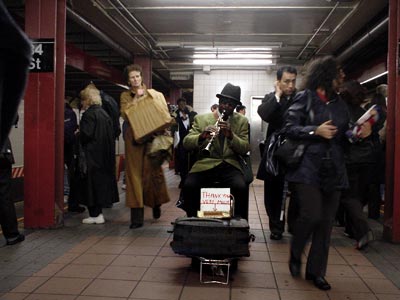 Blind busker, 34th Street subway, Manhattan, New York