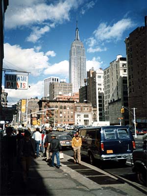 Empire State from W23rd St/7th Ave, Manhattan, New York, NYC, USA, 1986