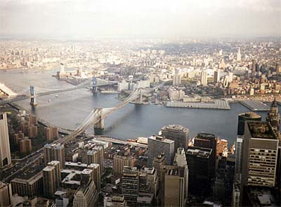 View from the World Trade Tower looking over Brooklyn and Manhattan Bridges, Manhattan, New York, NYC, USA, 1986