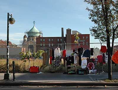 Second hand clothes and Russian cathedral,  N 12 St and Driggs Ave, Williamsburg, Brooklyn, New York, NYC, USA