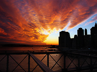 Sunset over the East River, Manhattan, Brooklyn Bridge, New York, USA