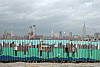 Painted fence and Empire State, Williamsburg, Brooklyn, New York, USA