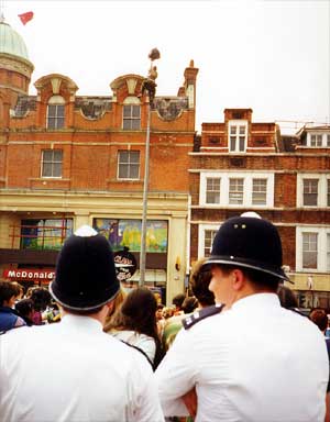 CCTV cover up, Reclaim the Streets, Brixton High Road, June 1998 