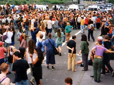 Crowding the police, Reclaim the Streets, M41 Motorway, Shepherd's Bush, 8th June 1996