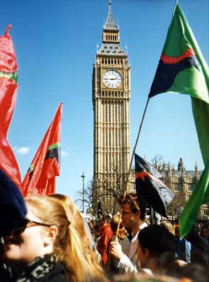 Big Ben and RTS flags, Westminster, Reclaim The Streets, London 12th April 1997