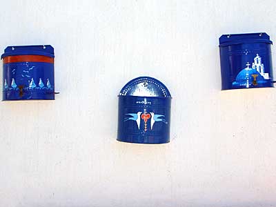 Hand painted plant pots, Firostefani, Santorini, Greece, September 2004