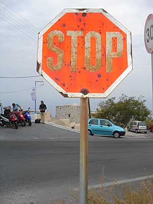 Stop street sign, Imerovigli, Santorini, Greece, September 2004