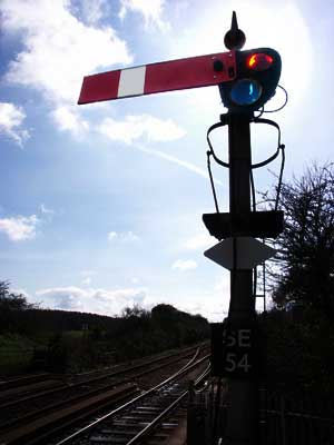 Semaphore signal, St Erth railway station, on the train to St Ives, Cornwall, April 2004