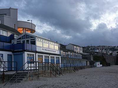 Porthmeor Beach Restaurant and Tate Modern, dusk, Porthmeor beach, St Ives, Cornwall, April 2004