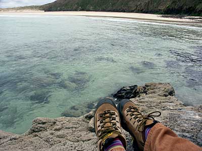 Feet up in Porth Kidney sands, St Ives, Cornwall, April 2004