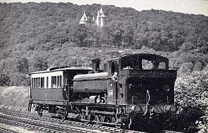 Archive photo, steam train passes Castell Coch, Tongwynlais, north Cardiff, Wales, 1949