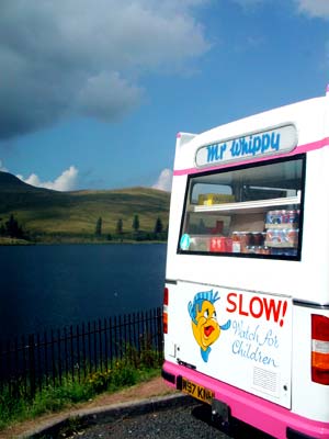 Mr Whippy Ice Cream van, Cantref Reservoir, Brecon Beacons, south Wales